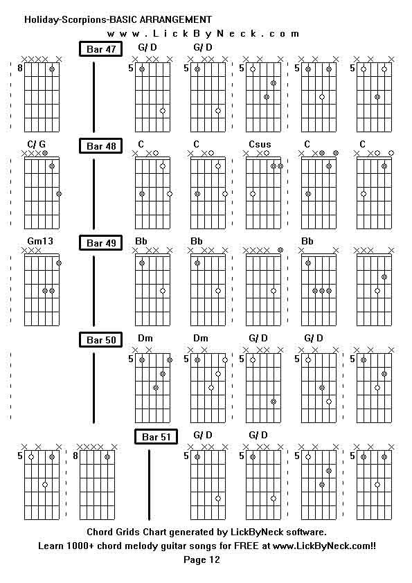 Chord Grids Chart of chord melody fingerstyle guitar song-Holiday-Scorpions-BASIC ARRANGEMENT,generated by LickByNeck software.